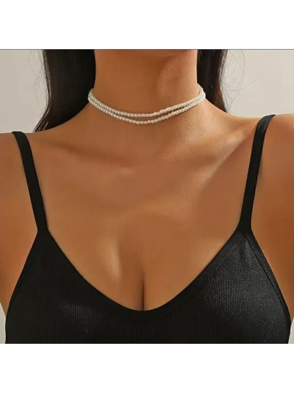 Short Choker Necklace Retro faux  Pearl Beads Handmade Double Layer Chain